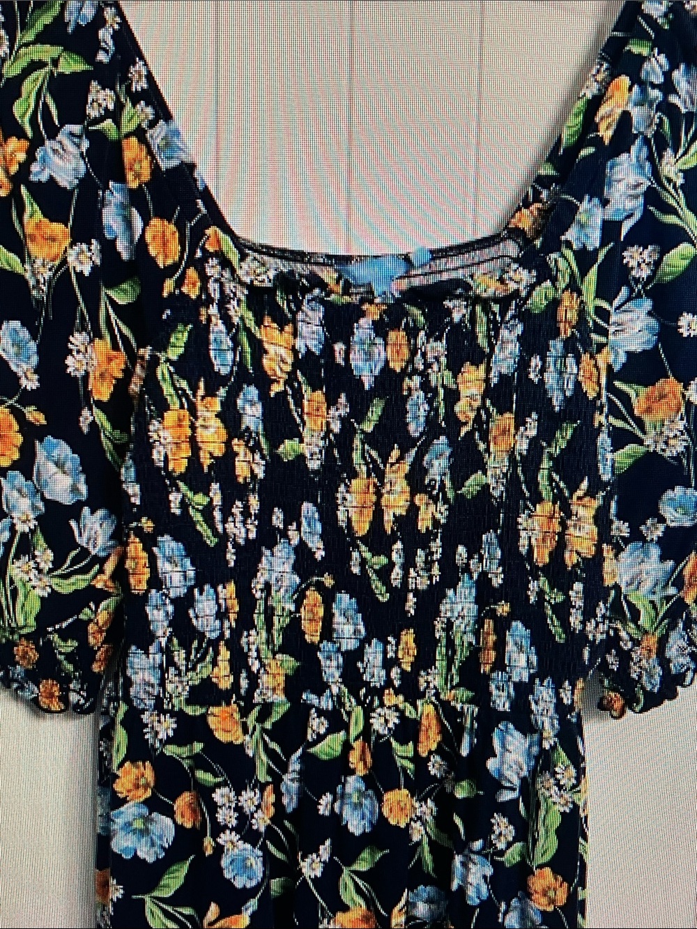 Draper James Navy Floral Smocked Square-Neck Puff Sleeve Top